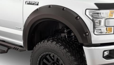 Black Max Coverage Pocket/Rivet Style Smooth Finish Rear Fender Flares For 2015-2020 Ford F150 Bushwacker