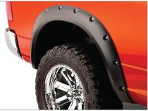 Black Pocket/Rivet Style Smooth Finish 4-Piece Fender Flare Set For 2006-2008 Dodge Ram 1500 2006-2009 Ram 2500, 3500 Fits 97.9/98.3 Inch Bed Bushwacker